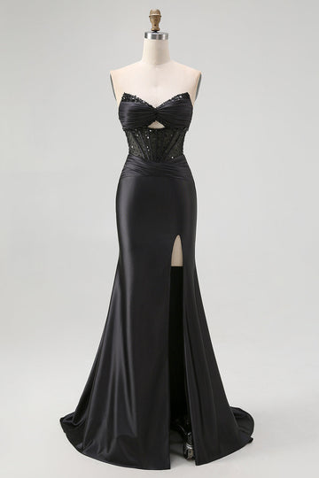 Robe De Soirée sans bretelles à paillettes noires corset sirène